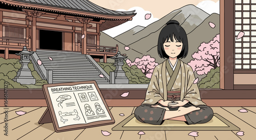 Serene meditation scene with a woman practicing mindfulness near a temple
