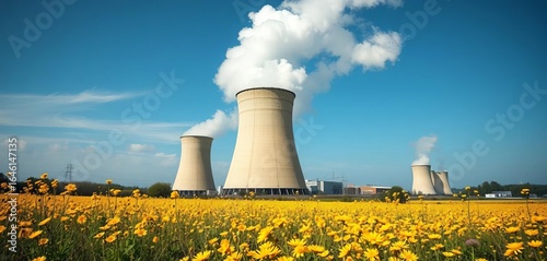 Cooling towers steam plumes rise over vibrant yellow wildflowers, contrasting industrial and natural landscapes,  clouds,   power station
