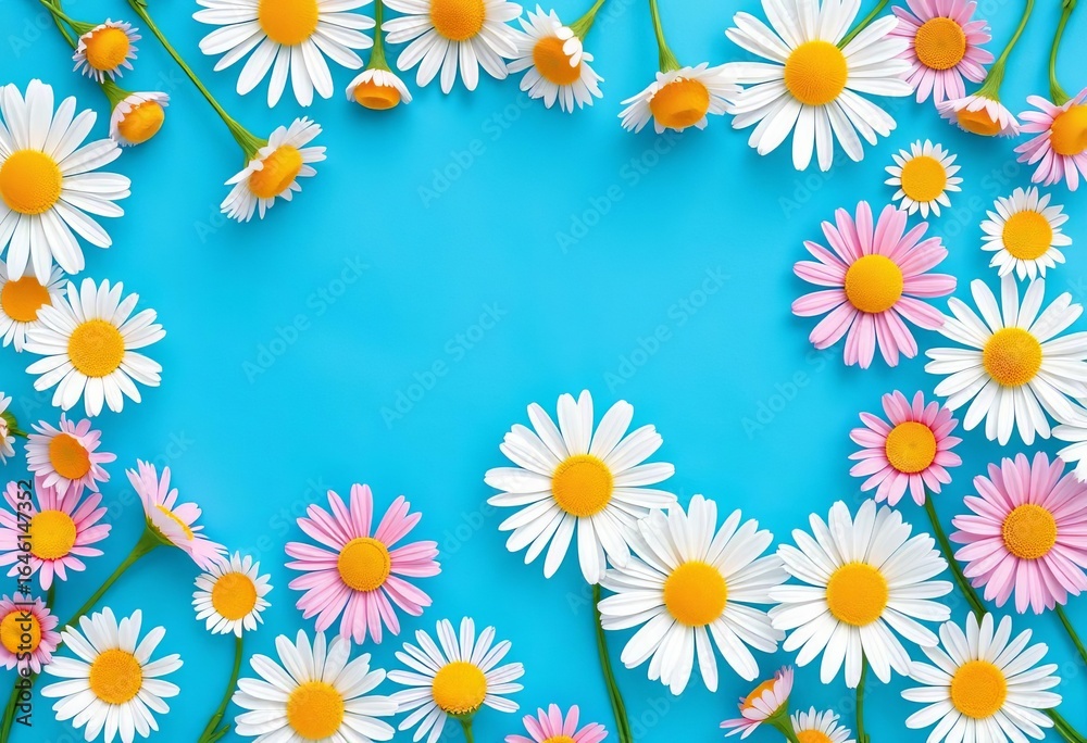 Fototapeta premium Delicate paper cut daisies arranged on a vibrant blue background, providing ample copy space, white, celebration