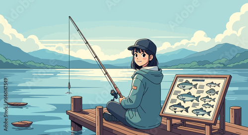 Anime girl enjoying leisure fishing activity, with a picturesque mountain lake backdrop