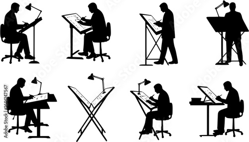 Architect working at drafting table profile silhouette design vector illustration, architect, drafting, table, profile