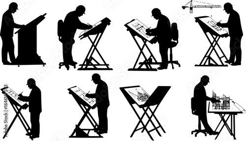 Architect working at drafting table profile silhouette design vector illustration, architect, drafting, table, profile