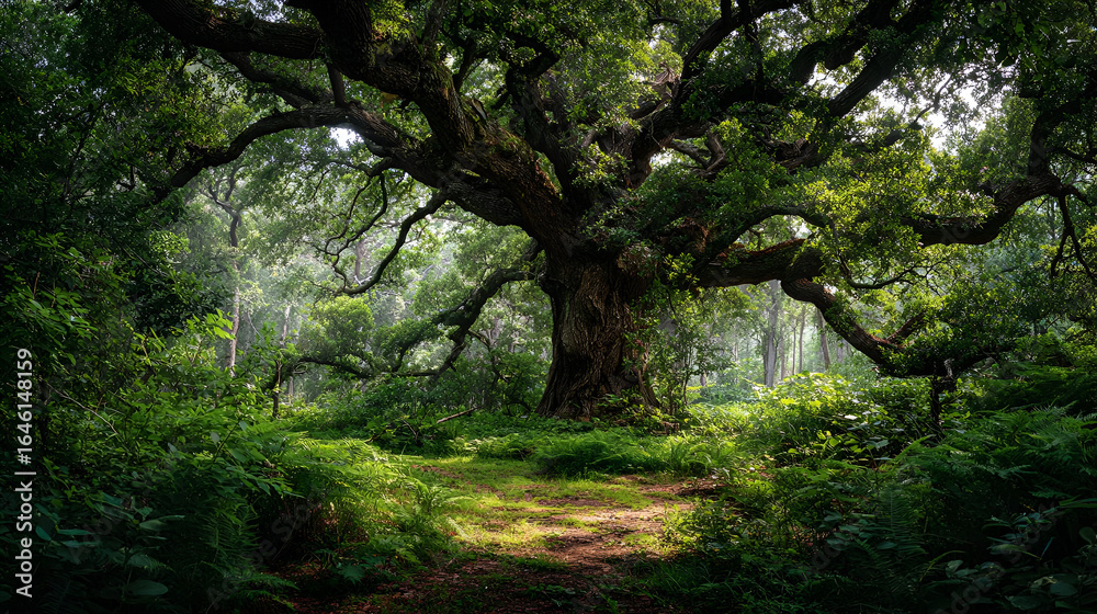 Obraz premium Ancient Oak Tree in Lush Forest Sunlight Dappled Path