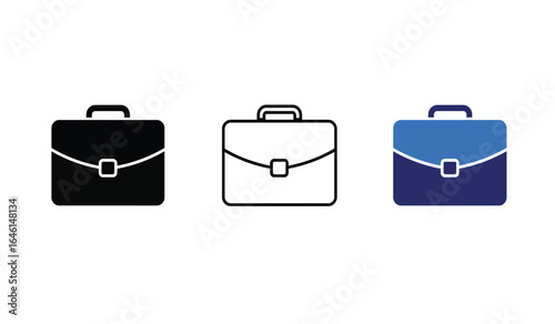 Briefcase icon set symbolizing business finance work and professional endeavors in three distinct styles black filled outline and two tone blue color