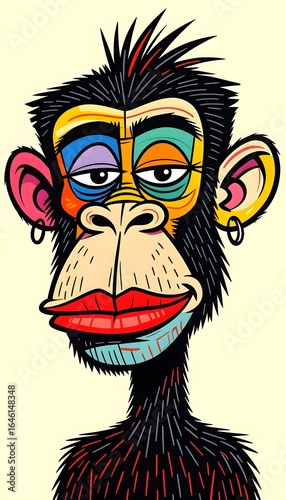A cartoon caricature of the monkey with over-the-top facial distortions. Created with Generative AI technology
