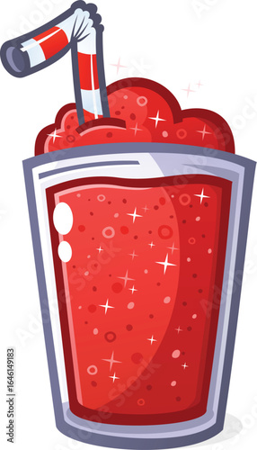 Bright red cartoon cherry flavored slushie in a clear cup with striped straw, icy frozen drink with sparkling texture, fun summer dessert illustration