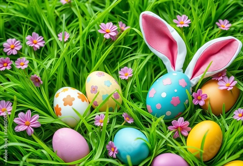 Vibrant green grass bed, playfully decorated Easter eggs with bunny ears,  holiday celebration,  easter decoration