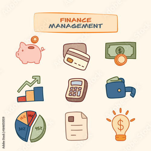 Personal Finance & Responsibility Icon Set with Money, Saving, & Piggy Bank