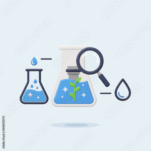 Laboratory flasks and magnifying glass with liquid and plant.