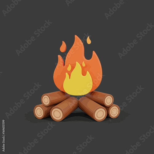 Stylized campfire with flames and logs on a dark background.