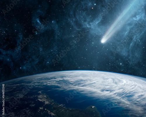 Fototapeta Naklejka Na Ścianę i Meble -  Comet, asteroid, meteorite flying to the planet Earth.  Glowing asteroid and tail of a falling comet threatening the safety of the Earth.  Elements of this image furnished by NASA.