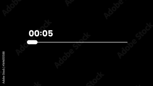 A 1-minute loading animation on a plain black screen, featuring a horizontal white progress bar and digital countdown timer. The bar gradually fills from left to right over the course of 60 seconds,