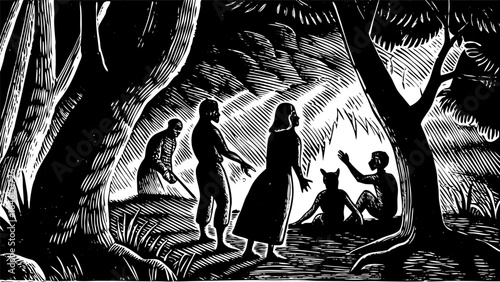 Woodcut illustration of people in forest with trees and figures in black and white vintage style art vector illustration