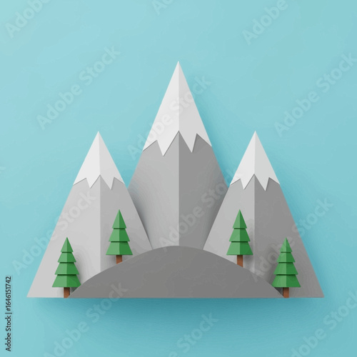 Papercraft mountains with trees against a blue background.