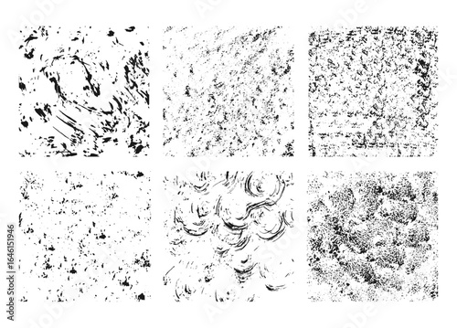 Set of vector grunge overlay textures. Various paint textures with the effect of spreading and splashing ink, sponge effect, charcoal drawing, scratches, scuffs. Drawn by hand