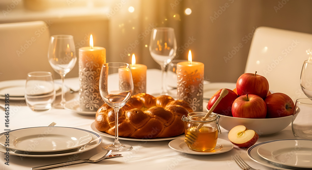 Fototapeta premium Festive table setting with challah bread apples honey and candles for a special occasion meal
