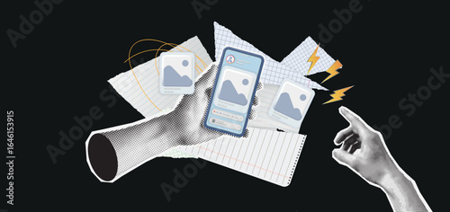 Halftone Hands Holding Social Media Photos Retro Pop Art Concept