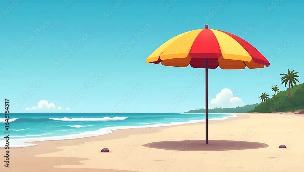 A vibrant beach scene with a red and yellow umbrella casting a shadow on the sand A vibrant beach scene with a red and yellow umbrella casting a shadow on the sand