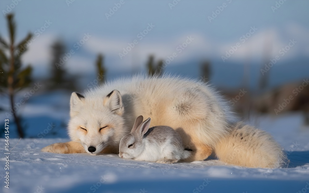 Obraz premium An adorable fox and bunny nestled together in the snowy wilderness, exuding a sense of serenity and peaceful coexistence.