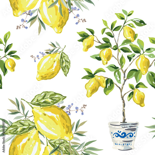 Lemon tree in a ceramic pot and yellow lemon fruits with green leaves arrangements on the white background. Vector illustration. Seamless pattern. Summer garden. Italian patio