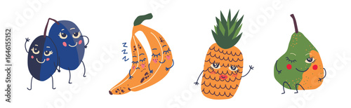 Different Cute Fruit Character with Smiling Face Vector Set