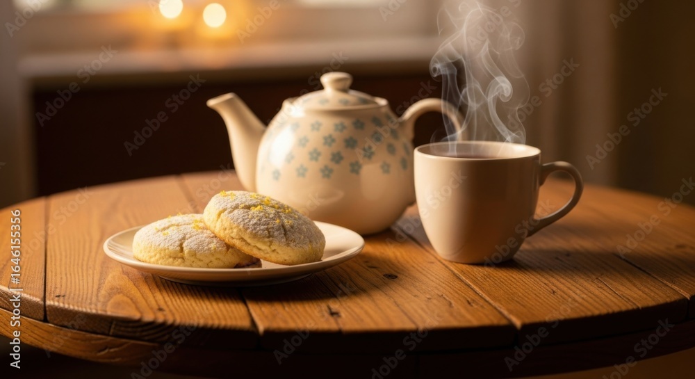 Fototapeta premium Steaming cup of tea with cookies and patterned teapot on wooden table image