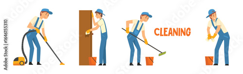 Young Man in Blue Overalls Cleaning and Washing Vector Set