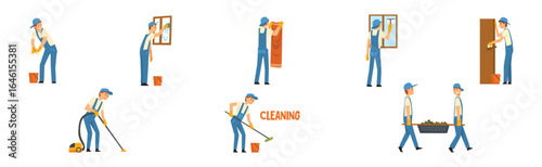 Young Man in Blue Overalls Cleaning and Washing Vector Set