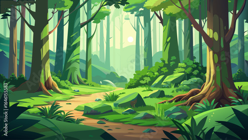 Golden sunlight filters through the towering canopy, painting shifting patterns on the mossy floor, where silence speaks softly, and the landscape breathes in harmony with nature’s serene rhythm.