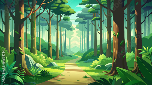 Golden sunlight filters through the towering canopy, painting shifting patterns on the mossy floor, where silence speaks softly, and the landscape breathes in harmony with nature’s serene rhythm.