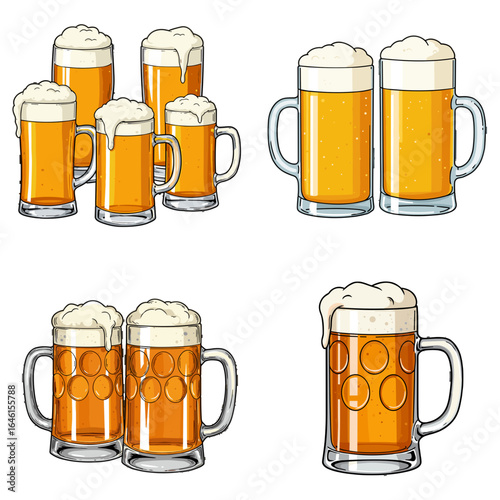 Various glasses of beer with foam in colorful illustrations  
