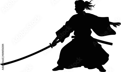 Silhouette samurai warrior katana sword martial arts japanese fighter combat action pose black and white illustration vector illustration