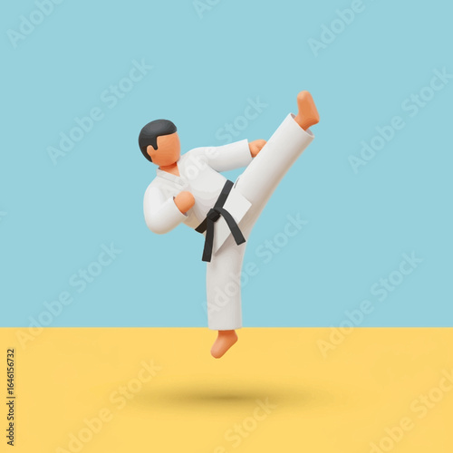 Person in white uniform with black belt performing a high kick.
