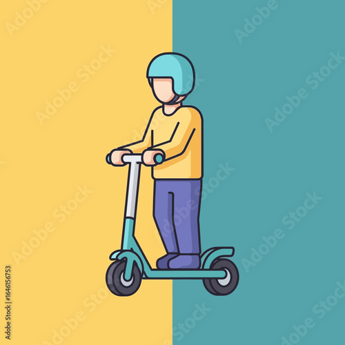 Person with helmet rides a scooter on a split yellow and blue background.