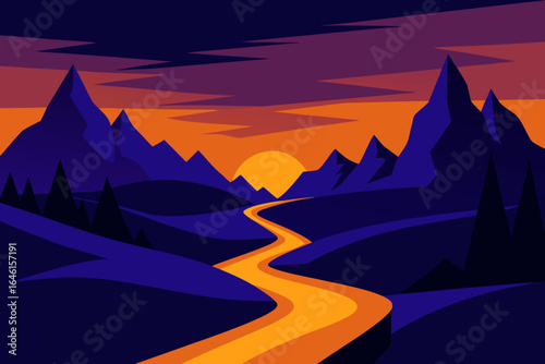 Vibrant sunset over a winding river in a mountainous landscape