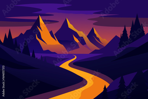 Vibrant mountain landscape with glowing river at dusk