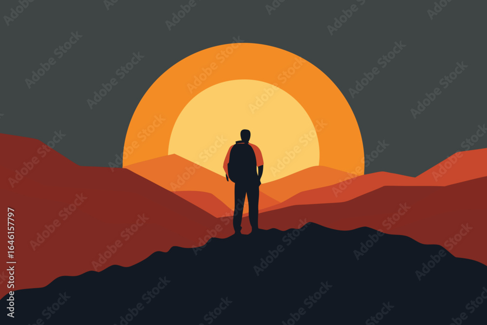 Lone hiker silhouetted against a vibrant sunset over mountains Lone hiker silhouetted against a vibrant sunset over mountains