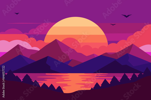 Vibrant sunset over mountains and lake with silhouetted trees
