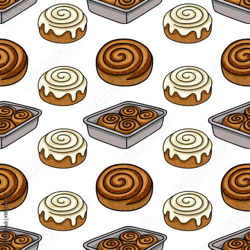 Delightful vector seamless pattern featuring hand-drawn illustrations of cinnamon rolls, both individually and in baking pans, showcasing a charming, appetizing style with brown and cream tones.