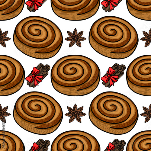 Seamless vector pattern of delicious cinnamon rolls, star anise, and cinnamon sticks tied with a red ribbon, creating a cozy and appetizing bakery design.