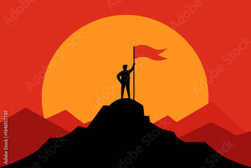 Silhouette of a person planting a flag on a mountain peak at sunset