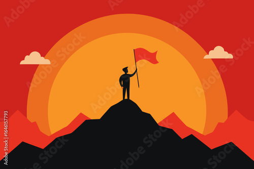 Silhouette of a person planting a flag on a mountain peak at sunset