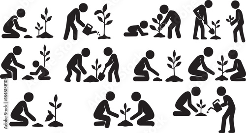 Silhouette illustration of volunteers and farmers planting trees and taking care of plants outdoors