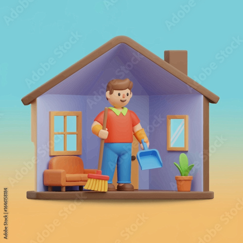 Cartoon man stands inside a house holding a cleaning bucket with cleaning supplies.