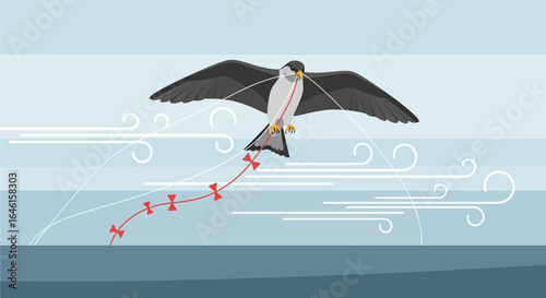 Majestic bird soaring with a kite above the sea, symbolising freedom and adventure, creating a whimsical and captivating scene