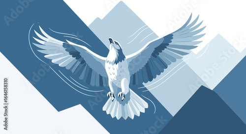 Majestic bird soars across a geometric mountain range against blue background