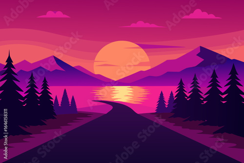 Vibrant sunset over a serene lake with a winding road