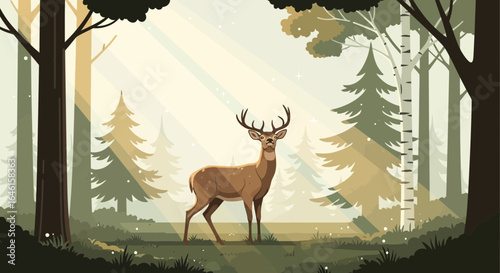 Majestic deer in a tranquil forest with sun rays illustration design