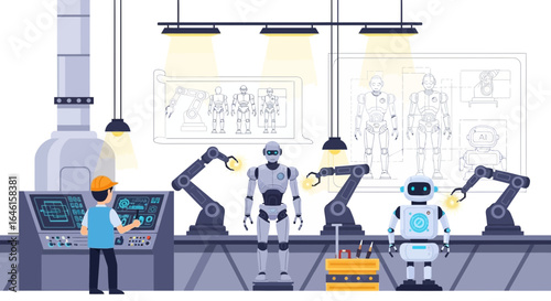 Modern Robotic Factory With Automated Assembly Line And Human Supervisor