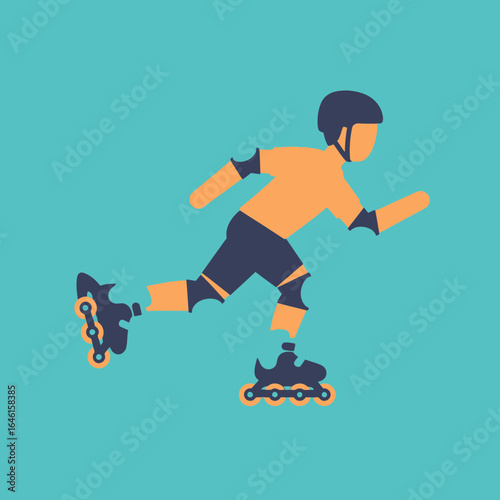 Person on roller skates wearing protective gear on a teal background.